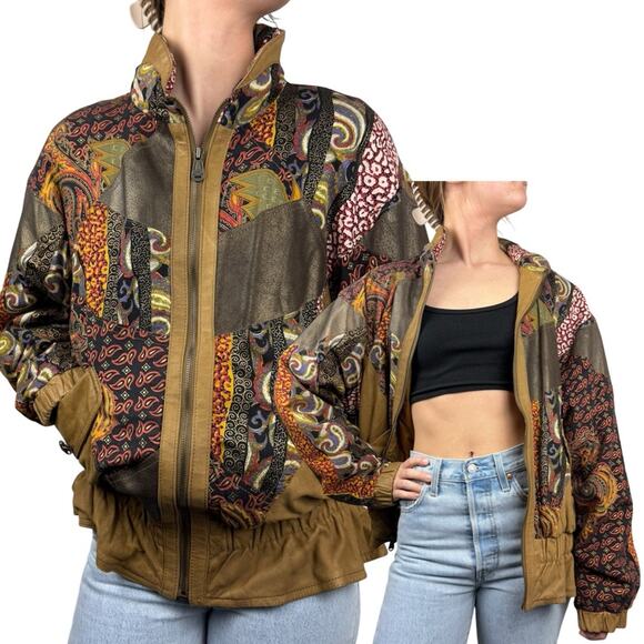 Vintage Tan Genuine Leather Patchwork Scrunched Full Zip Bomber Jacket Size S - Picture 1 of 16